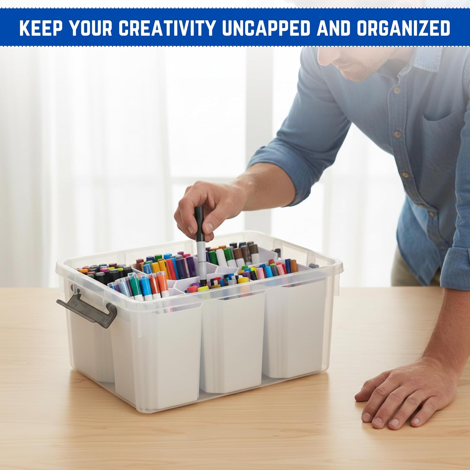 Trivon Plastic Storage Bins - Versatile 17 QT Container with 6 Removable Inserts | 15.94x7.61x7.28 Inches, White