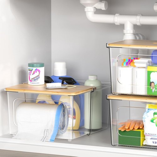 iCASA Trash Bag Dispenser - 2-in-1 Acrylic Organizer with Bamboo Lid | Holds Up to 100 Large Rolls for Kitchen & Pantry