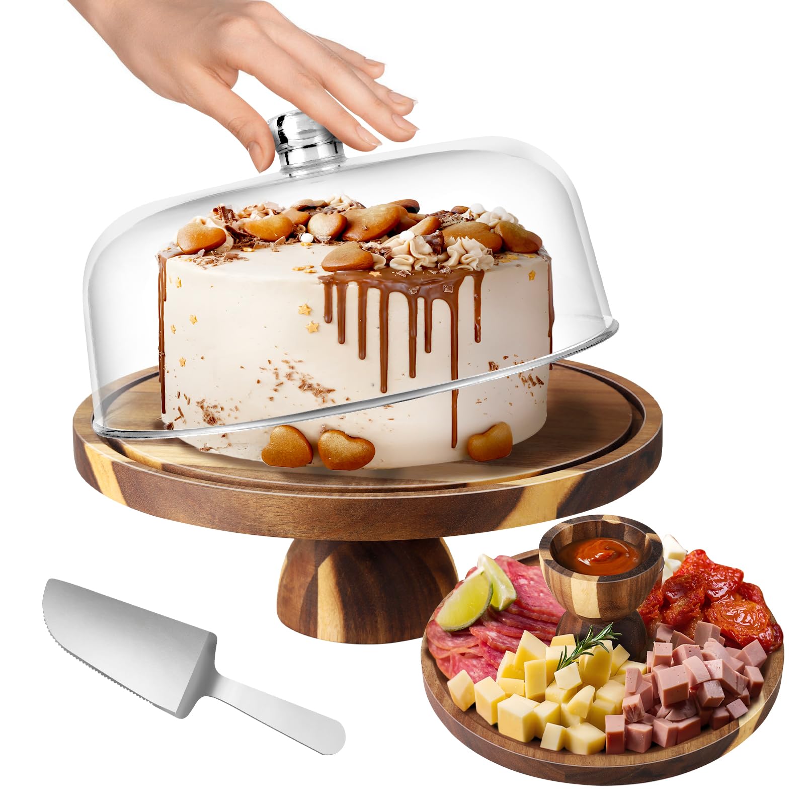BOTOP Acacia Wood Cake Stand with Lid - 12 Inch Acrylic Dome Cake Cover for Display - 2-in-1 Pedestal Cake Holder & Charcuterie Board - Rustic Wedding Registry Gift & Party Hosting Essentials