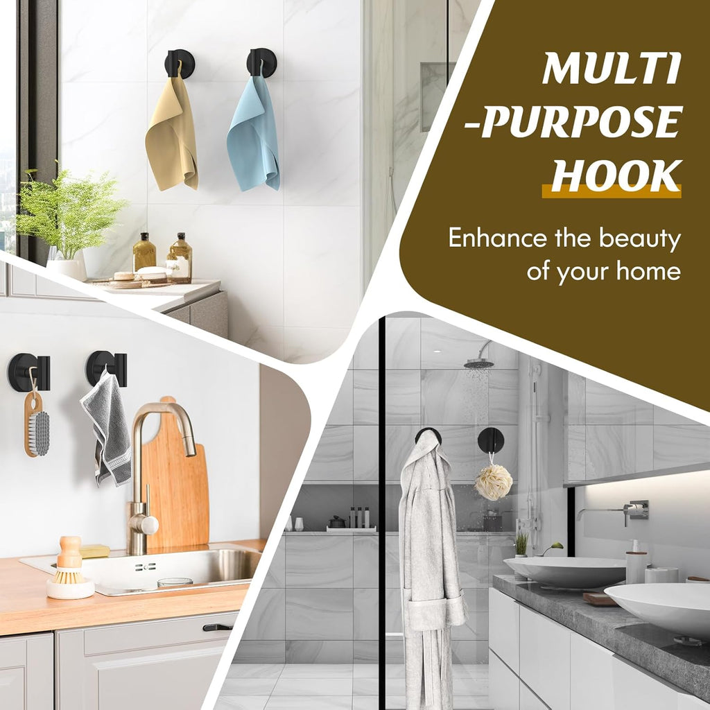 MOTAIPEAK Heavy-Duty Suction Cup Hooks - No Drill Wall-Mounted Towel Hooks for Bathroom & Kitchen | Black (2 Pack)