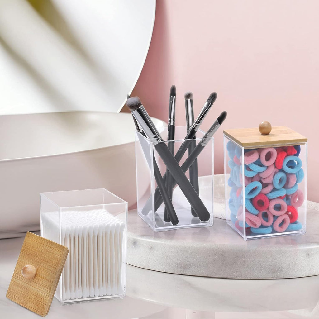 Tbestmax Square Qtip Holder Set - 12 oz Plastic Bathroom Organizers with Bamboo Lids for Cotton Balls & Swabs