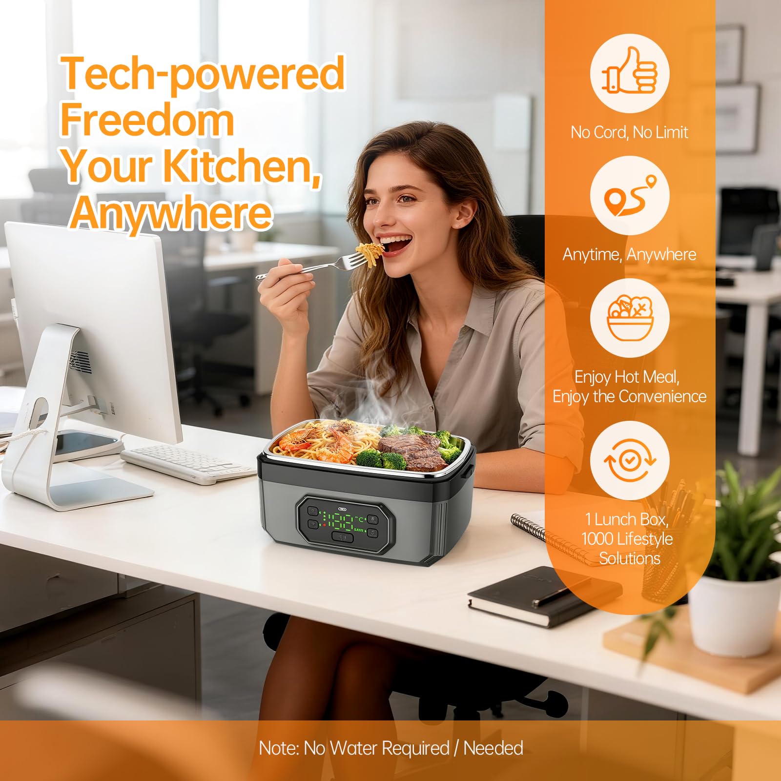 Eosyrennis Portable Cordless Electric Lunch Box for Adults,Rechargeable Self-Heating Food Warmer with Timer & Leak-Proof,1.2L SS Container,21000mAh Battery Powered for Office,Travel,Car,Outdoor