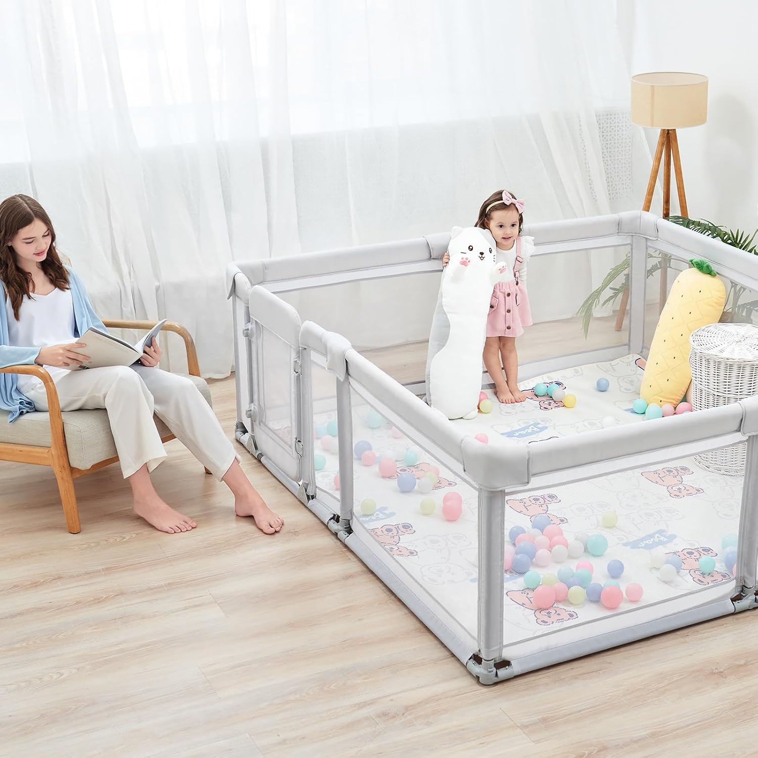 Sweeby Foldable Baby Playpen - Extra Large 79x71 Play Yard with Door & Mat | Light Grey