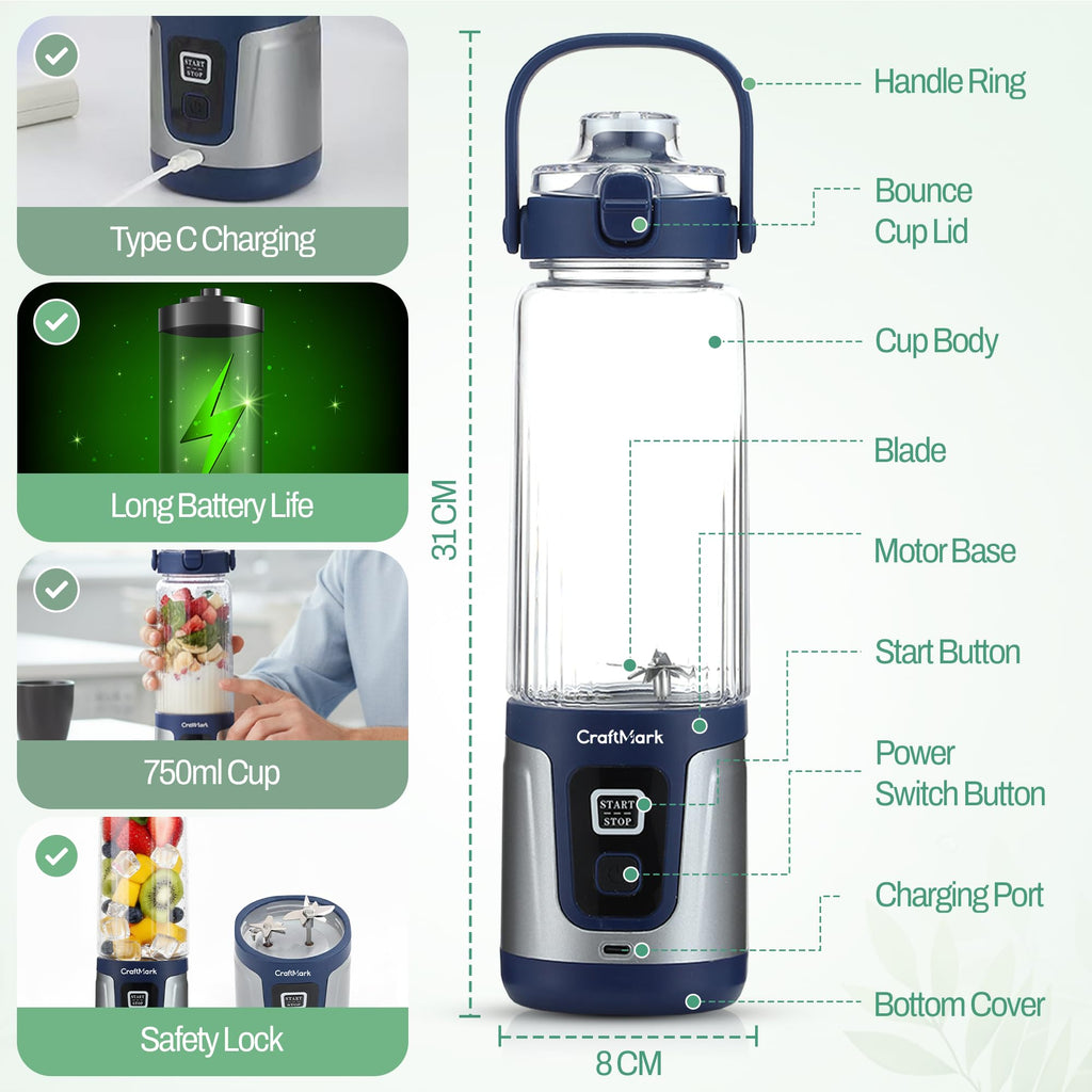 Portable Smoothie Blender – 24oz Personal Mini Blender, USB Rechargeable Cordless Smoothie Maker for Protein Shakes, Ice Crusher & Frozen Fruit with Travel Portable Juicer