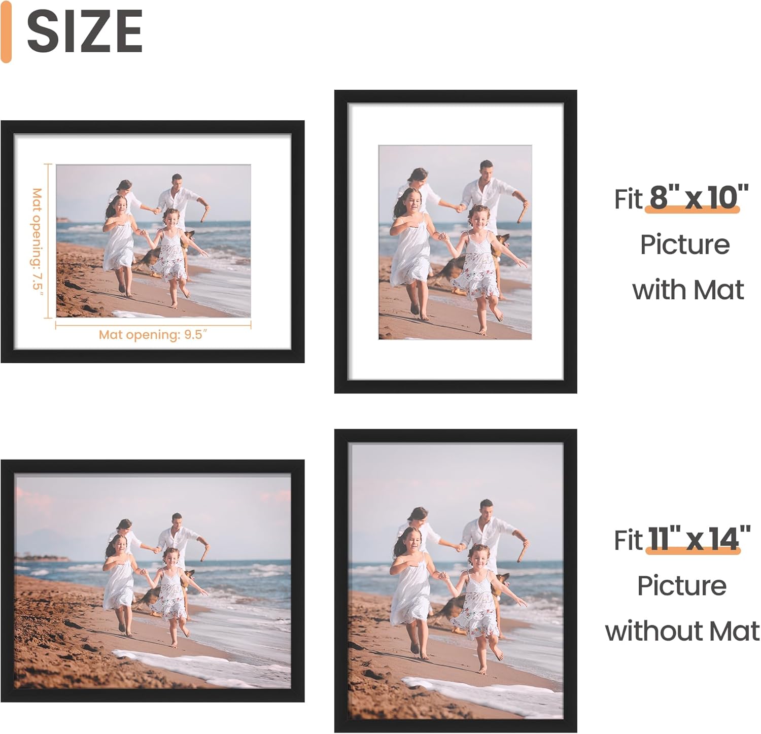 Upsimples 11x14 Picture Frame - Versatile Display for 8x10 Photos with Mat or 11x14 Without Mat, Black