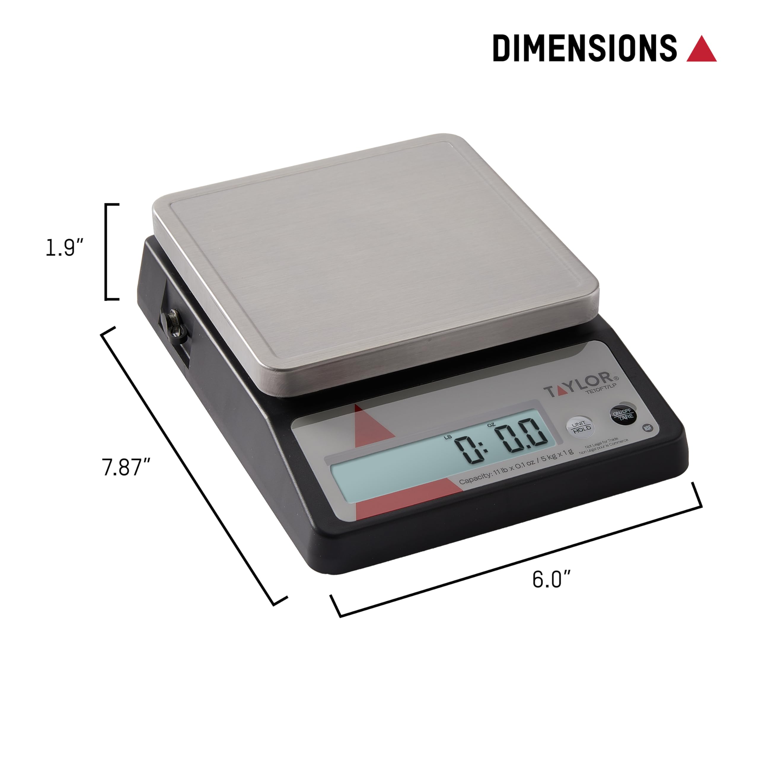 Taylor TE10FT 11-Pound Commercial Digital Portion Control Scale, 11 lb (5 kg) in 0.1 oz (1 g) Food and Cooking Scale, Tare and Hold Function, NSF, Stainless Steel Platform