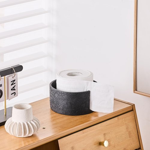 Black Boho Flowers Carved Toilet Paper Holder Stand for Bathroom Countertop or Floating Shelves,Toilet Top Decorative Roll Organizer Mega Roll 5.5 Inches or Less, Free Standing 1 Mega Roll Storage
