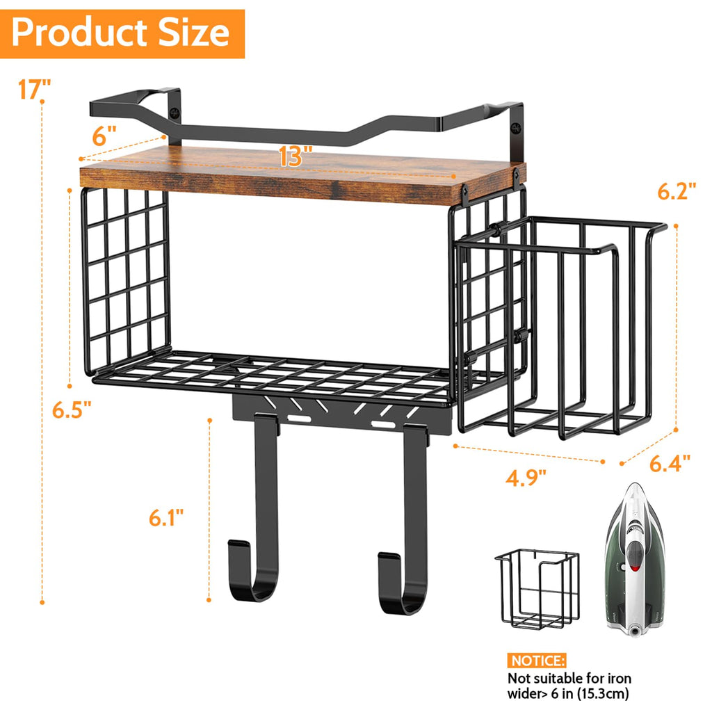 Ironing Board Hanger Wall Mount, 2-Layer T&Y Iron Board Holder with Ironing Caddy, Metal Ironing Board Holder Storage Organizer, Floating Wood Shelf for Laundry Room Decor Accessories Organization