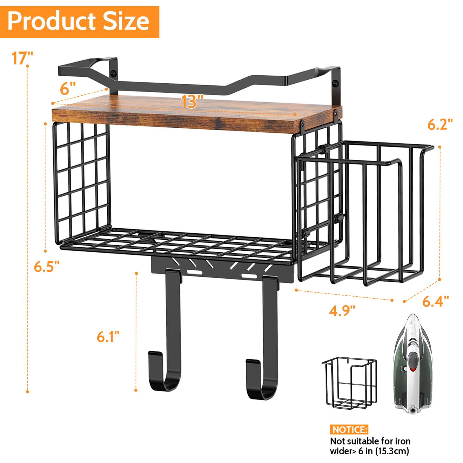 Ironing Board Hanger Wall Mount, 2-Layer T&Y Iron Board Holder with Ironing Caddy, Metal Ironing Board Holder Storage Organizer, Floating Wood Shelf for Laundry Room Decor Accessories Organization