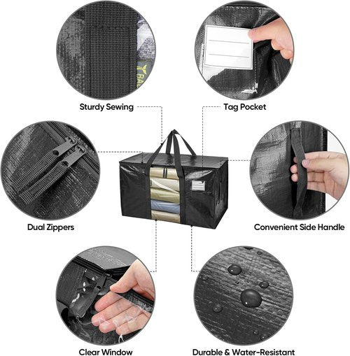 BALEINE 4-Pack Heavy-Duty Oversized Moving Bags - Reinforced Handles, Black w/Window