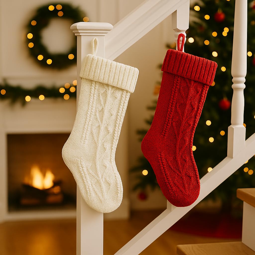 PUKUPIG 18 Inch White Christmas Stocking, Extra Large Cable Knit Holder, Xmas Stocking for Fireplace, Mantel, Festival Party or Wall Hanging