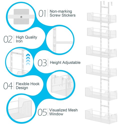 Hongtamoya Over The Door Organizer, Metal Hanging Door Organizer with 6 Adjustable Baskets and 5 Hooks, Behind The Door Storage for Closet Pantry Cabinet Kitchen Bathroom Bedroom, White
