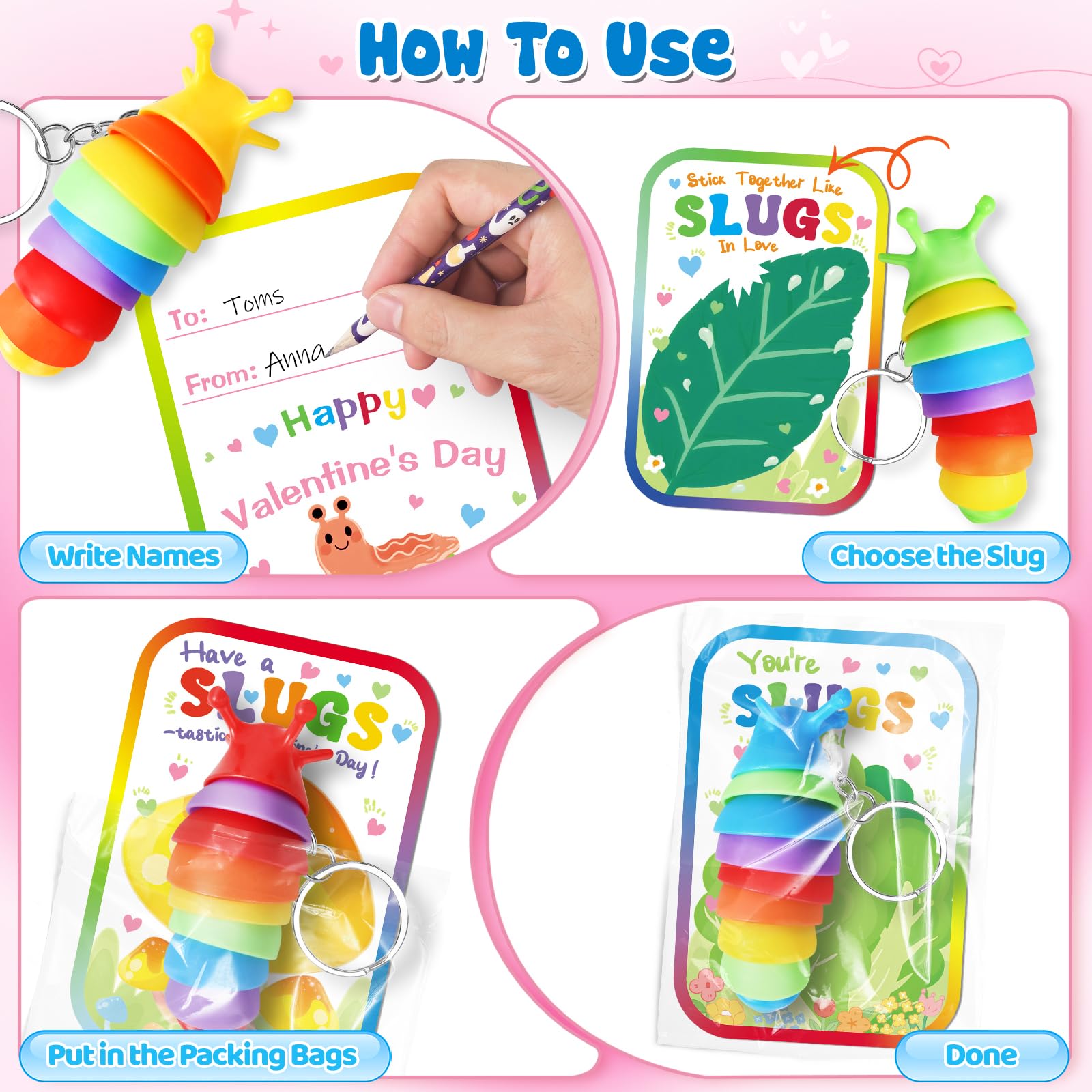 AuroTops Valentines Day Cards for Kids,24 Pack Cute Keychains Bulk Sensory Slug Fidget Toys with Valentines Cards for Boys & Girls Valentine's Day Classroom Gift Exchange,Kids Party Favors