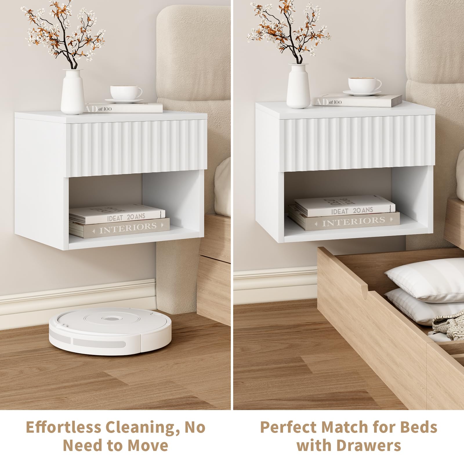 AURINEST Floating Nightstand Set of 2, Modern Wall Mounted Bedside Tables with Fluted Drawer, Night Stand Small End Table with Open Storage Shelf for Bedroom, Living Room, Small Spaces, White