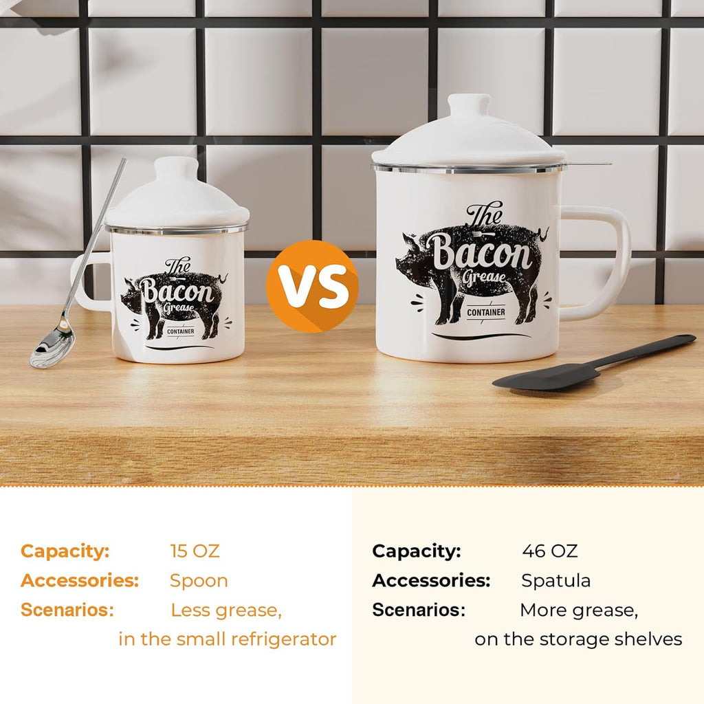 PGYARD Mini Bacon Grease Container - 15oz Enamel Strainer for Kitchen Fat Storage | Dishwasher Safe, White
