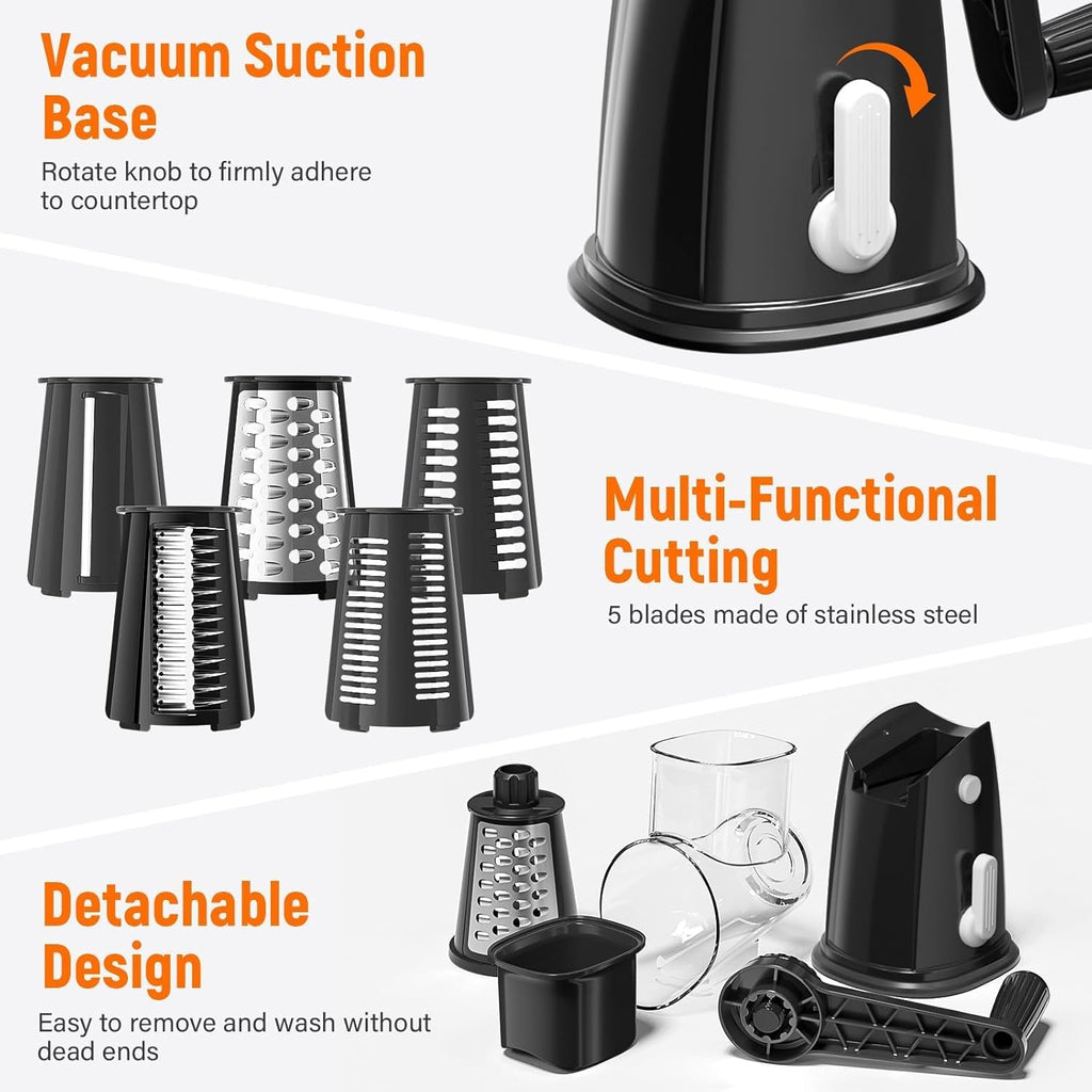 Skiennix 5-Blade Rotary Cheese Grater - Hand Crank Vegetable Chopper & Slicer with Suction Base | Black