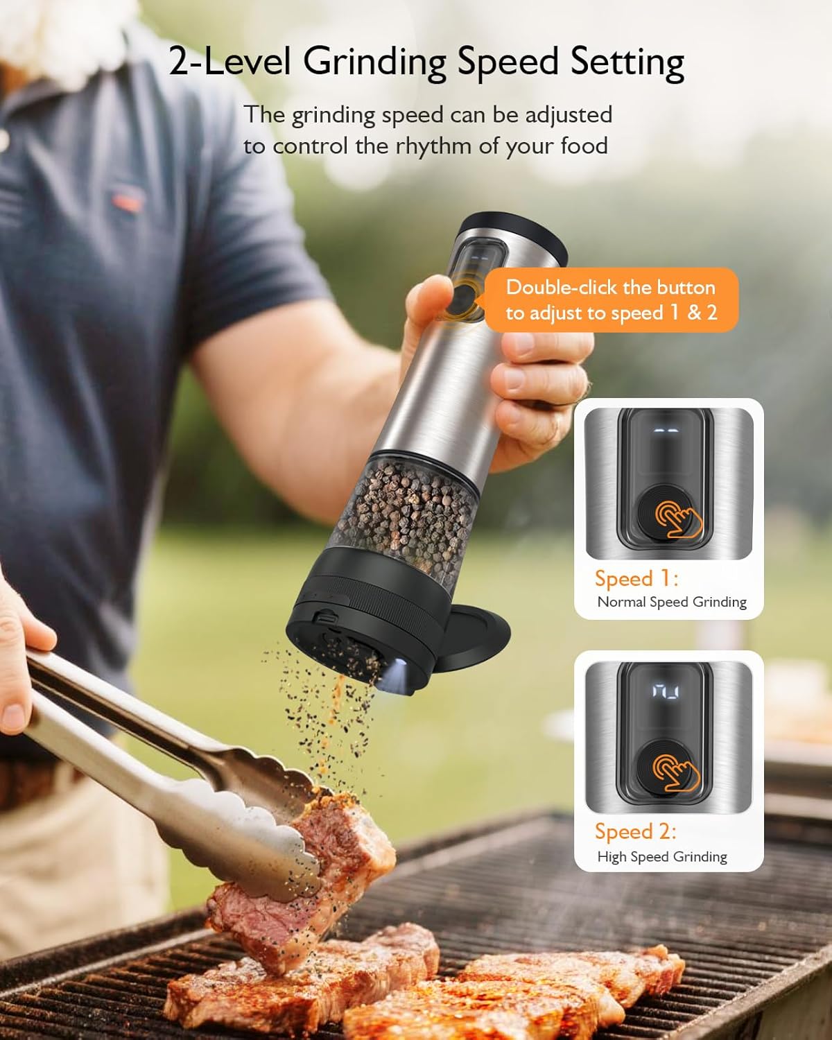 Skiennix Electric Salt and Pepper Grinder Set - Rechargeable, 2-Speed, Adjustable Coarseness, Stainless Steel