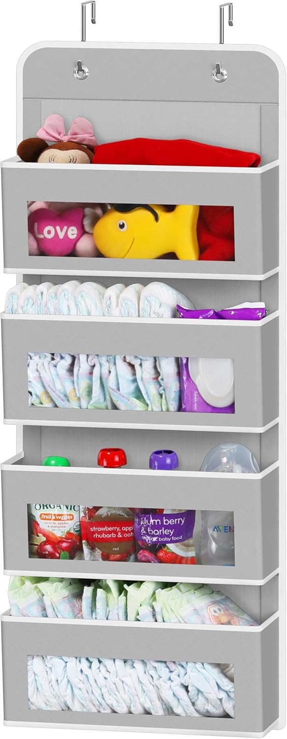 Simple Houseware 4-Pocket Over-Door Storage Organizer - Clear Window Design for Bedroom & Bathroom, Gray