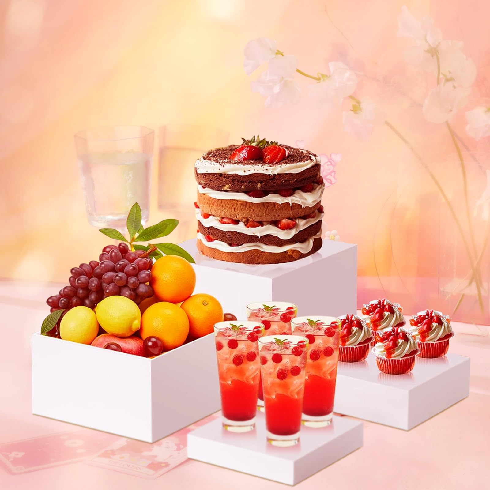 8PCS Buffet Risers, Food Risers for Buffet Table, Display Stand for Catering Dessert, White Acrylic Cube Boxes Nesting Risers for Cupcake Candy Food, Parties, Brunch (10'',9'',8'',7",6.5",6",5.5",5")