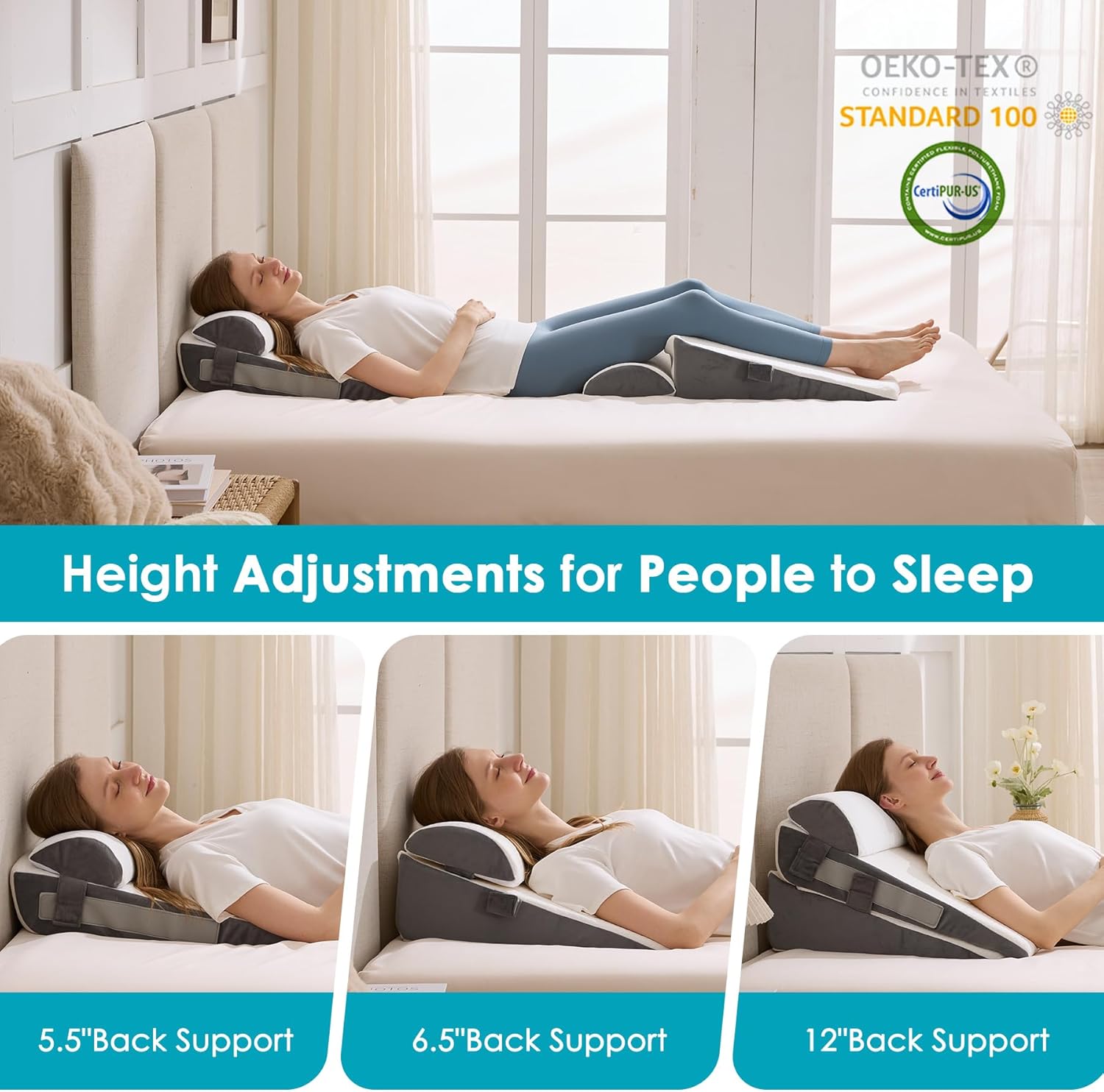 Skiennix Wedge Pillow Set - Adjustable Memory Foam for Acid Reflux Relief | 3-Piece Bed Wedge Pillows in White & Grey