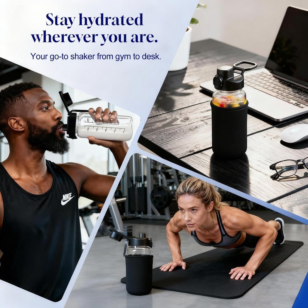 Neodaco 20 OZ Glass Shaker Bottle, Odorless Sport Water Bottle with 304 Stainless Steel Ball and Removable Cleaning Brush for Fitness Protein Mixes