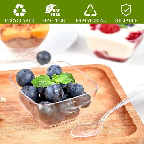 TOFLEN 200ct 2 oz Mini Dessert Cups with Spoons, Clear Plastic Reusable Small Party Serving Cups for Appetizers, Hors D'oeuvres Plates