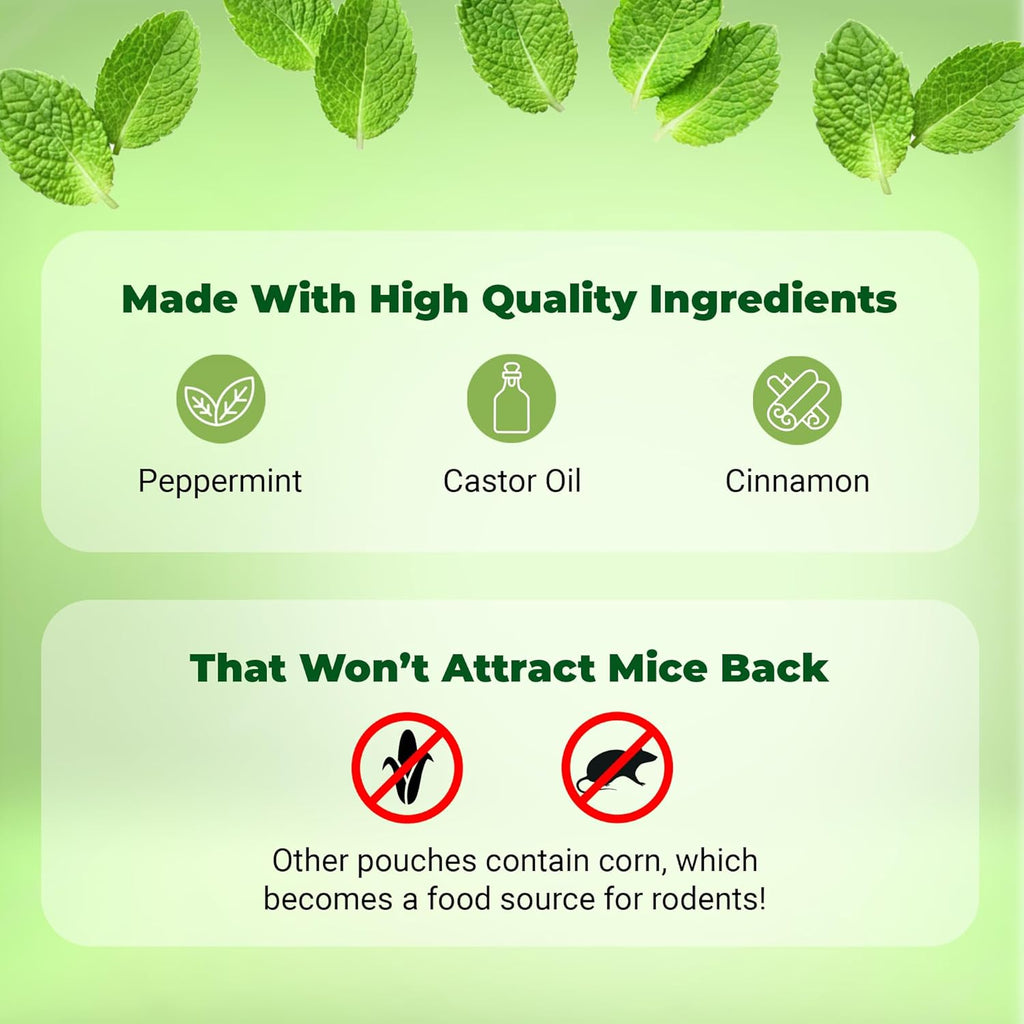 Mighty Mint Mouse Repellent Pouches - Natural Peppermint & Cinnamon Formula | Long-Lasting Rodent Deterrent - 12 Count