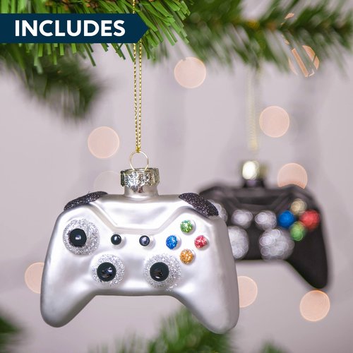 JOYIN Christmas Video Game Controller Small Glass Ornament, 2 pcs Mini Black and White Glass Blown Set Handcrafted for Tree Hanging Ornament Outdoor Christmas Decorations Indoor
