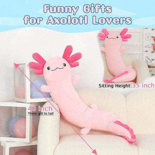 Tezituor Pink Axolotl Stuffed Animal for Valentine's Day, 48 inch Glow-in-Dark Plush Toy Body Pillow for Kids Adults Girls 6-12, 4ft Large Stuffed Salamander Axolotl Lovers Gifts Christmas Easter