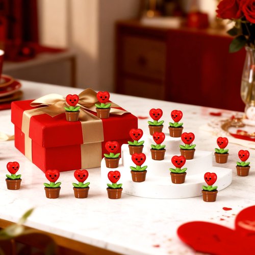 Threehoney 30 Pcs Mini Resin Flowers Samll Heart Statues Mini Resin Potted Heart Flower Statues for Birthday Desktop Decorations DIY Miniature Landscape Fairy Garden Decor(Red)
