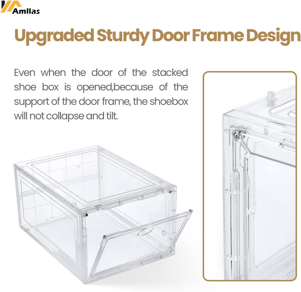 Amllas Clear Shoe Storage Boxes - Stackable & Sturdy Containers for Closet | Fits Up to US Size 12 (13.8”x 9.84”x 7.1”)
