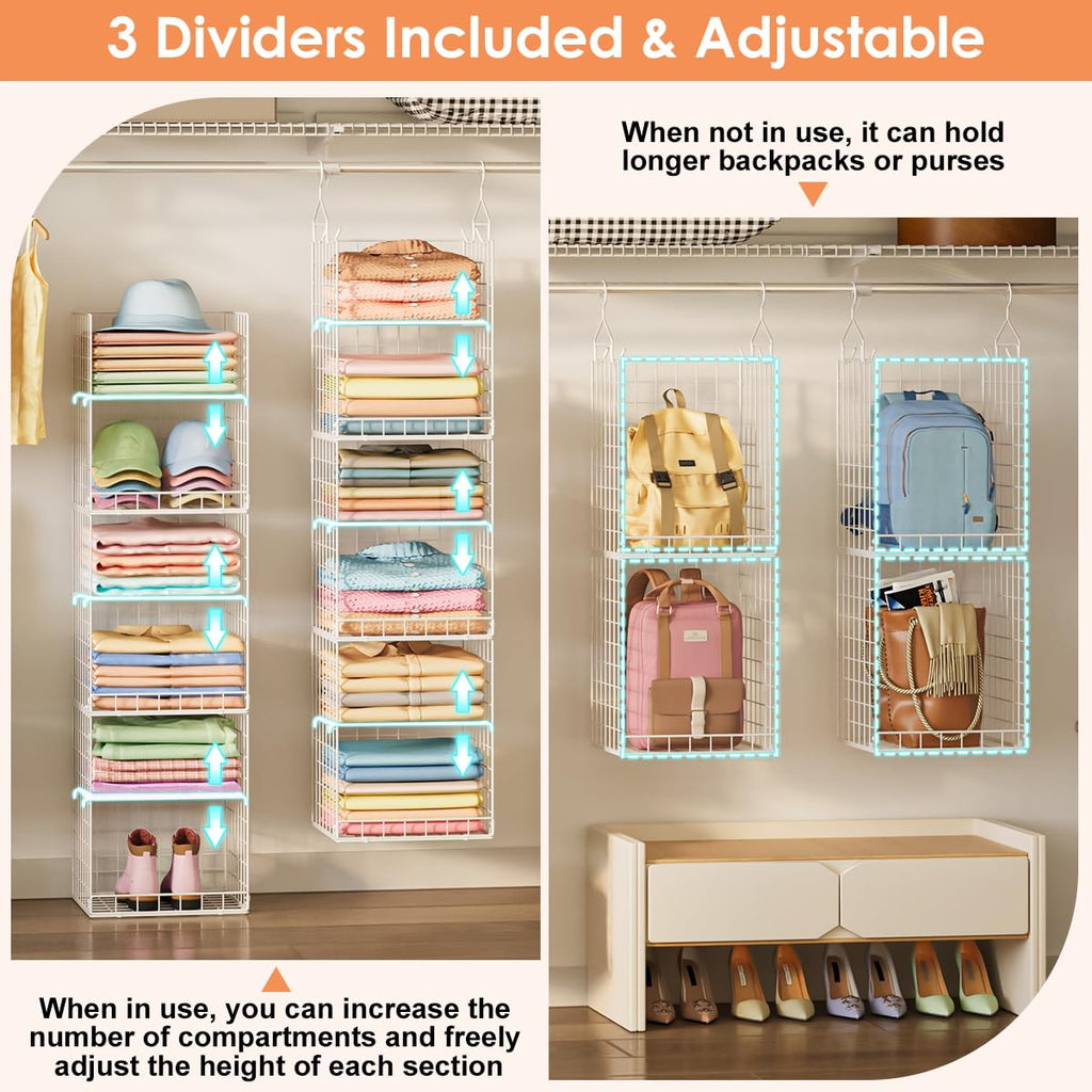 Yuyetuyo 6 Tier Raised-Height Hanging Closet Organizer, Stackable Sweater Organizer for Closet, Wire Storage Basket Bins for Clothes Purse Shoes, Hanging Shelves with 4 Hooks & 3 Dividers Adjustable
