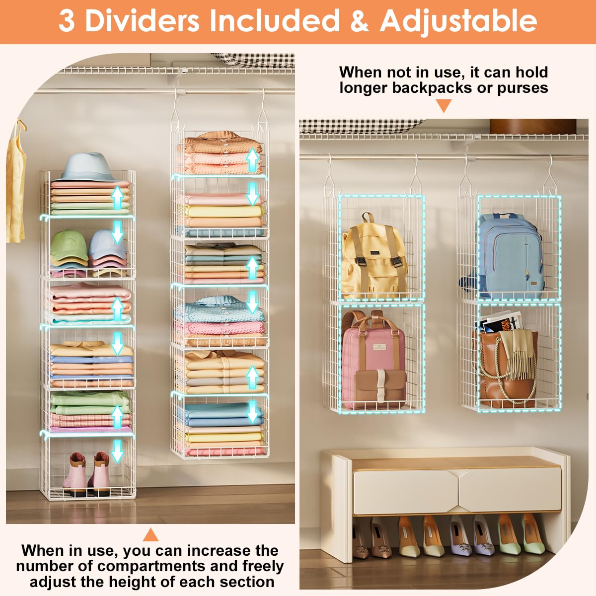 Yuyetuyo 6 Tier Raised-Height Hanging Closet Organizer, Stackable Sweater Organizer for Closet, Wire Storage Basket Bins for Clothes Purse Shoes, Hanging Shelves with 4 Hooks & 3 Dividers Adjustable