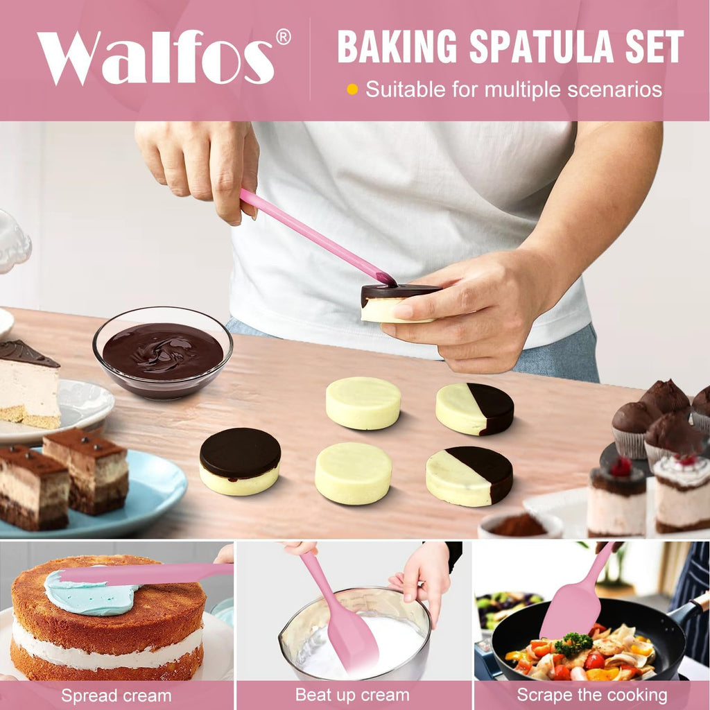 Walfos Silicone Spatula Set of 5 | High Heat Resistant Kitchen Scrapers - BPA Free, Pink, Seamless Design