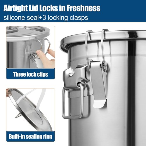 YinCukiEle 3.17Gal/12L Stainless Steel Airtight Canister, Airtight Food Storage Container with Lid and Lock Clips, 304 Stainless Steel Bucket for Rice, Flour, Grain, Coffee Bean