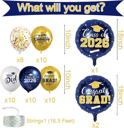 Graduation Balloons by [Brand Name] - Navy Blue & Gold 51-Piece Set with Confetti Ribbons | Perfect for 2026 Grad Party