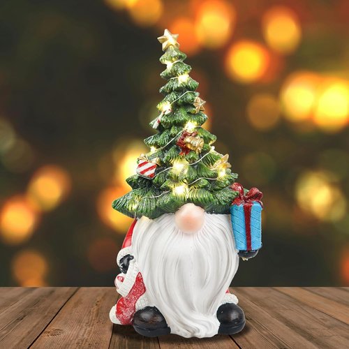 Lighted Christmas Tree Gnome Decoration - 11-Inch Resin Figurine for Festive Indoor Holiday Decor