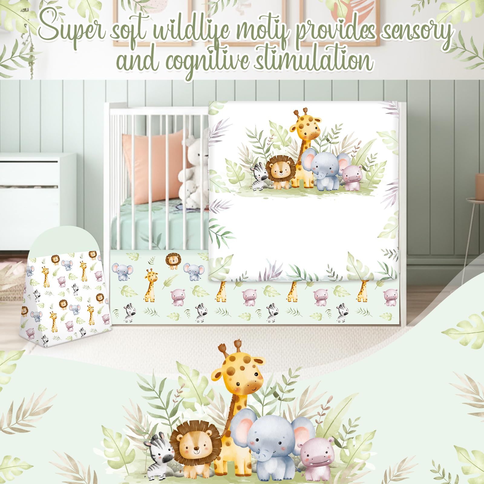 Hahafelt 4 Pieces Baby Crib Bedding Set for Girls and Boys, Soft Baby Bedding Set Including Crib Skirt, Comforter, Sheet and Diaper Stacker for Nursery (Wildlife Theme)