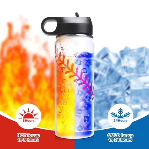 NJGCPRO Baseball Water Bottles for Boys, Stainless Steel Baseball Water Bottle Gifts Stuff for Boys & Kids with 50Pcs Stickers (18OZ)