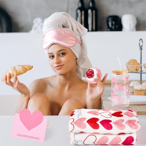 12 Pcs Valentine's Day Woven Basket Gift Set Romantic Spa Relaxation Basket Set for Her Self Care Package with Heart Blanket Socks Bath Salt Ball Glass Cup Bear for Women Girlfriend Wife Mom (Pink)