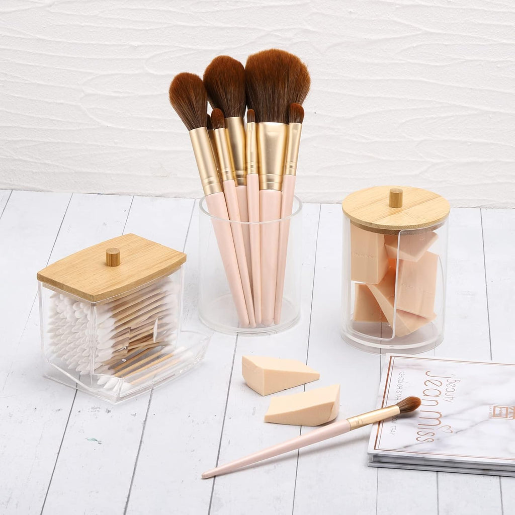 Tbestmax Bathroom Organizer Set | 3-Piece Bamboo Lid Storage for Q-Tips & Cotton Balls - 10 Oz Jars