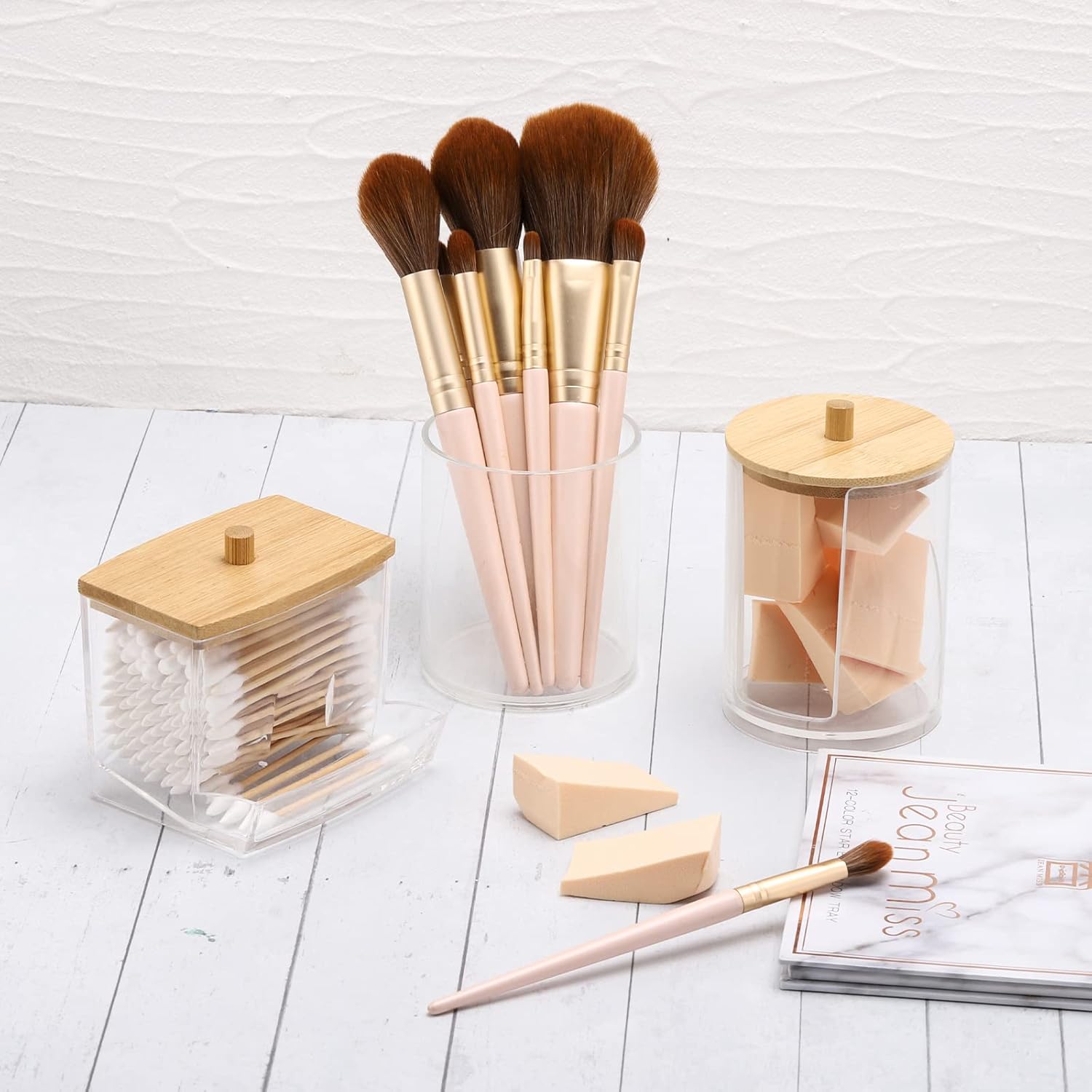 Tbestmax Bathroom Organizer Set | 3-Piece Bamboo Lid Storage for Q-Tips & Cotton Balls - 10 Oz Jars