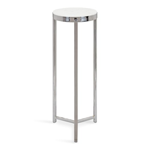 Kate and Laurel Aguilar Glam Round Drink Table, 8 x 8 x 23, Silver and White, Small Accent Table for Use as Plant Pedestal Stand with Marble Tabletop