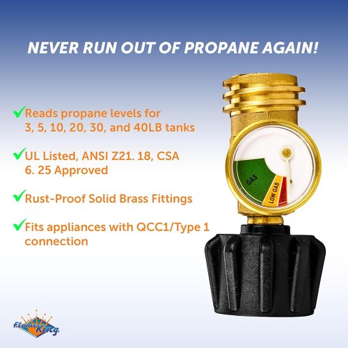 Flame King Propane Tank Gauge - Color-Coded Leak Detector & Pressure Meter | Universal Fit for BBQ, RV, Heater