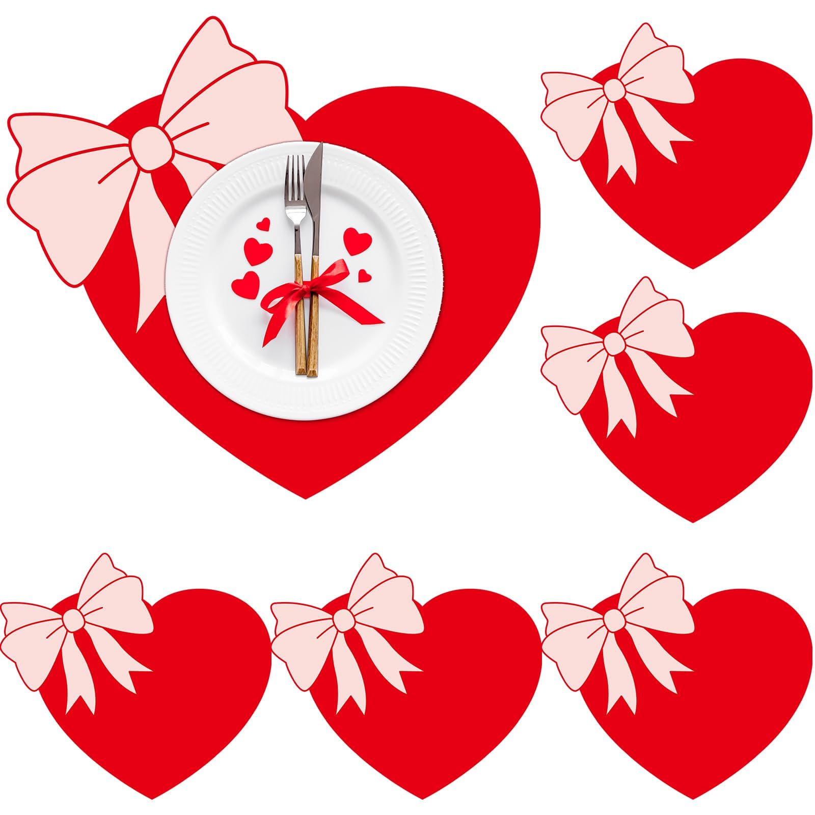Valentine's Day Placemats Set of 6 Valentines Bow Heart Plastic Table Mats Sweet Red Heart Shaped Place Mats Washable Waterproof Table Decoration for Wedding Anniversary Holiday Party Kitchen Dining