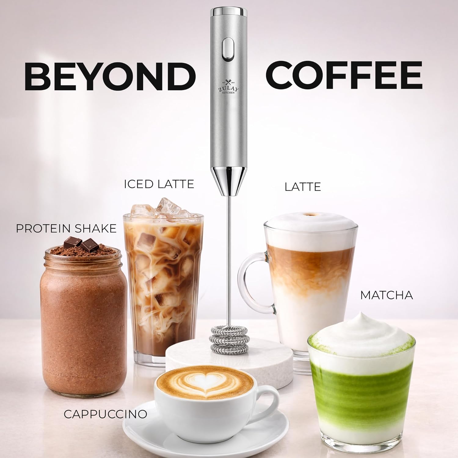 Zulay Kitchen Rechargeable Milk Frother - Handheld Electric Drink Mixer with 3 Whisk Attachments | USB-C Charging, Lasts Up to 6 Months