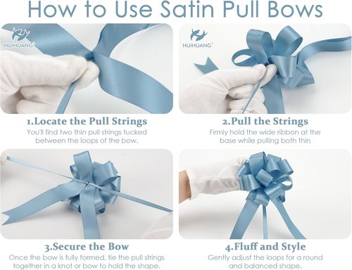 HUIHUANG Dusty Blue Pull Bows - 4"x8" Satin Gift Bows for Wrapping, Baby Showers & Weddings | 12 PCS