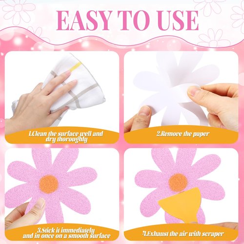 Chiisong 24 Pcs Flower Non Slip Bathtub Sticker Daisy Skidproof Shower Sticker Anti Slip Shower Decals Bathe Treads Adhesive Appliques Scraper Bright Flower Adhesive Decal for Bathroom Decor(Pink)