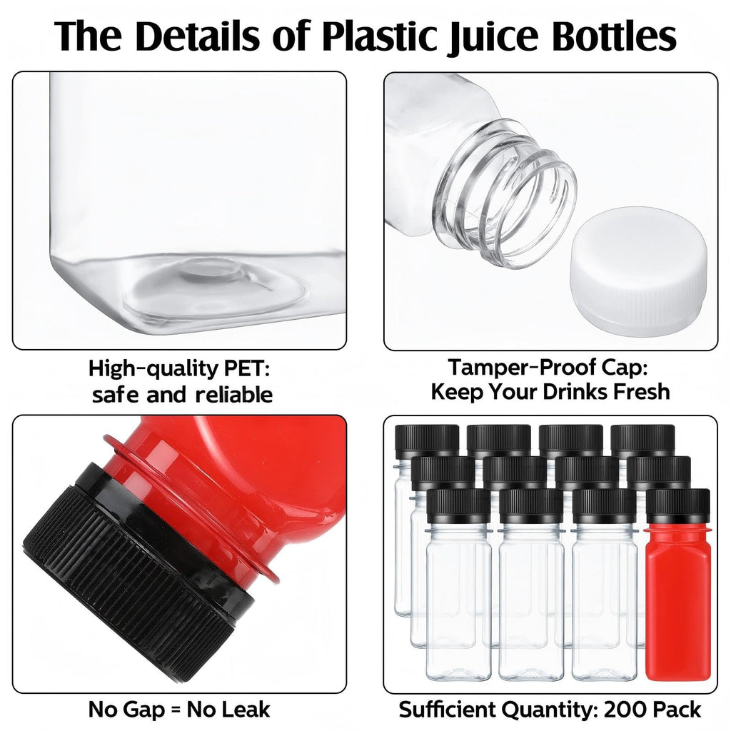 Sliner 200 Pcs 2oz Small Plastic Juice Bottles Ginger Juice Bottle with Lids Liquid Vial Reusable Clear Beverage Container with Lid, Freezer Safe, Leak Proof for Milk, Water(Black Lid)