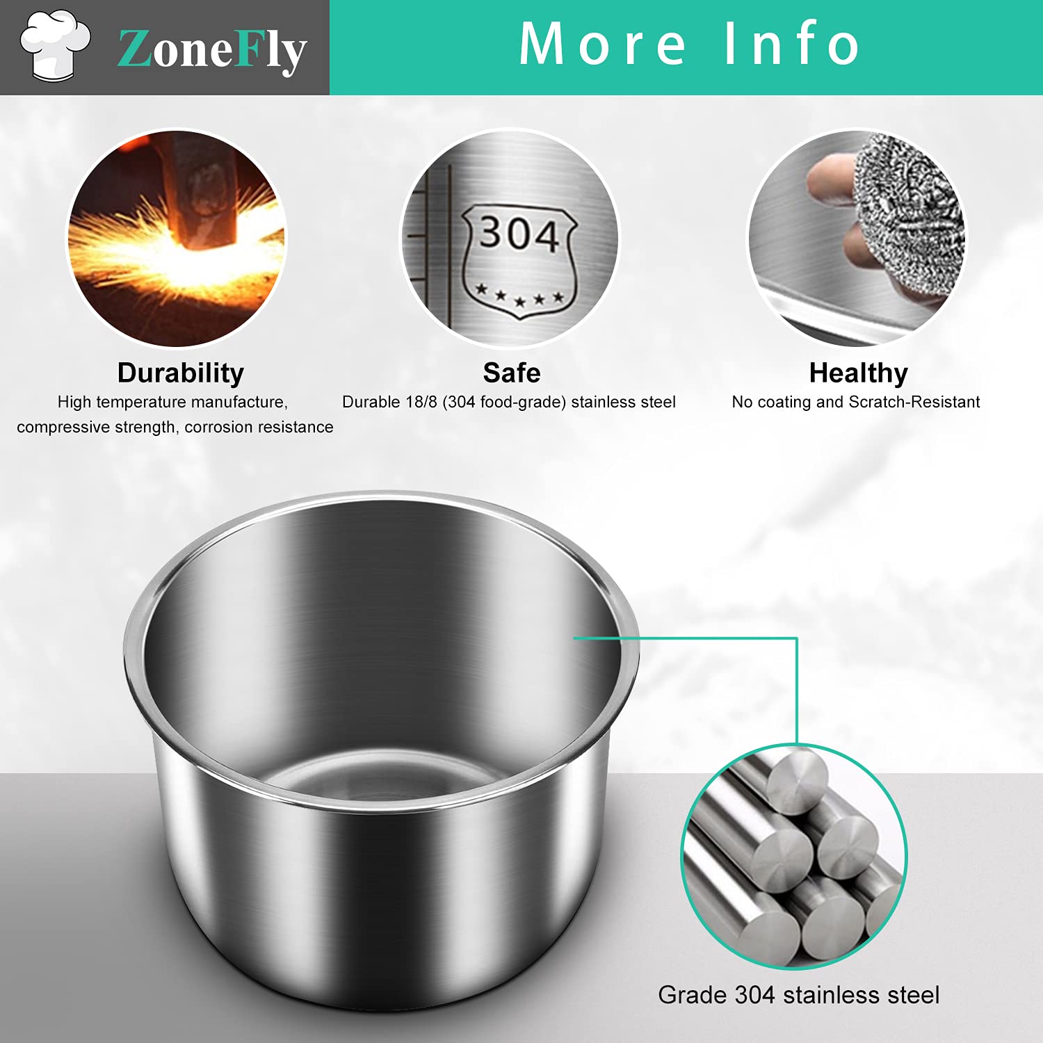 Zonefly for Instant Pot 3 Qt Inner Pot Replacement insert, Stainless Steel Cooking Pot Liner with Polished Surface & Easy to Clean - 3Quart Instapot Rice Cooker Accessories, Includes 2pcs Seal Rings